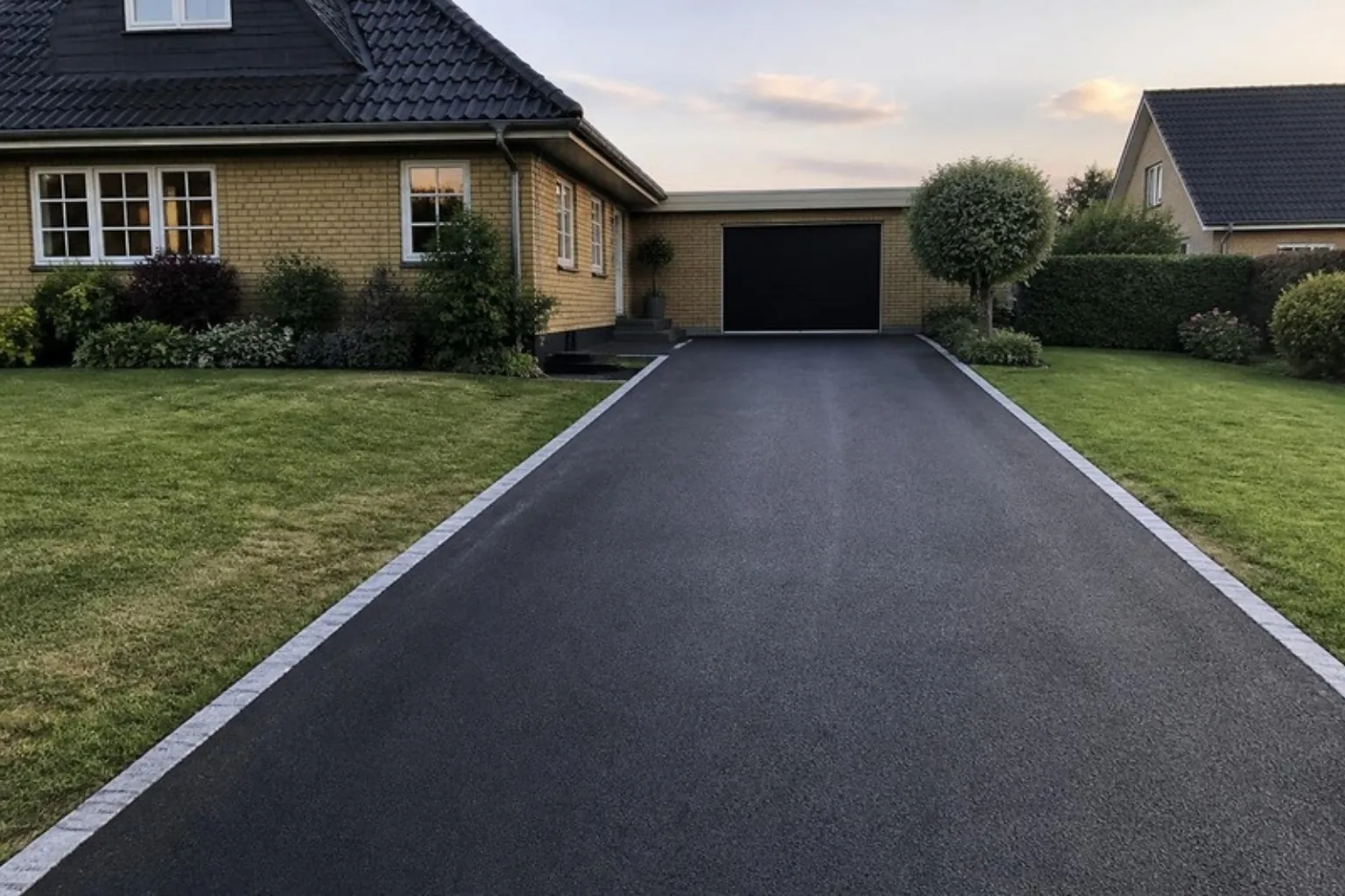 Nyasfalteret indkørsel foran gult murstenshus