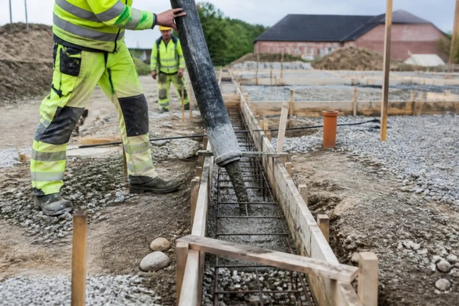 Beton støbes i forskalling med armering