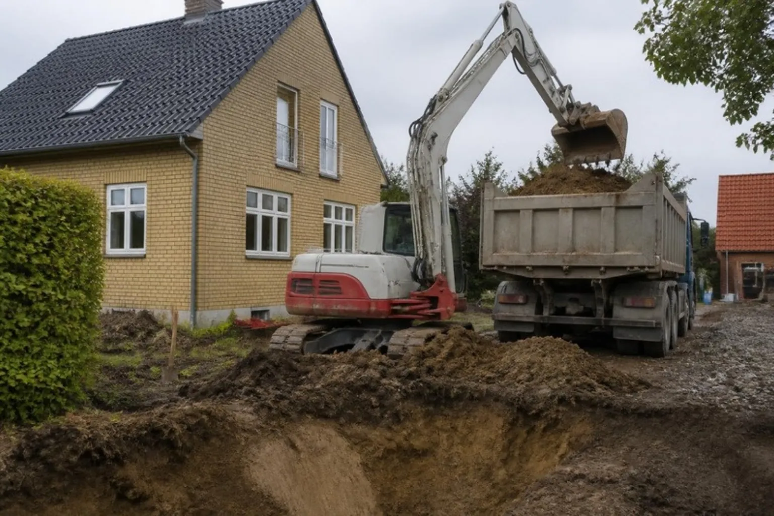 Gravemaskine læsser jord på lastbil ved udgravning til villa